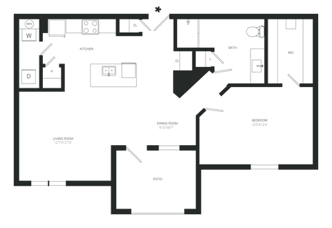 Floor plan for 1 bed, 1 bath, 764 sqft